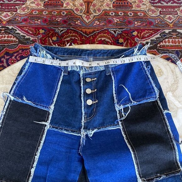 Shein Patchwork Distressed Black & Blue Denim High Waist Button Fly Flare Jeans - Picture 11 of 16